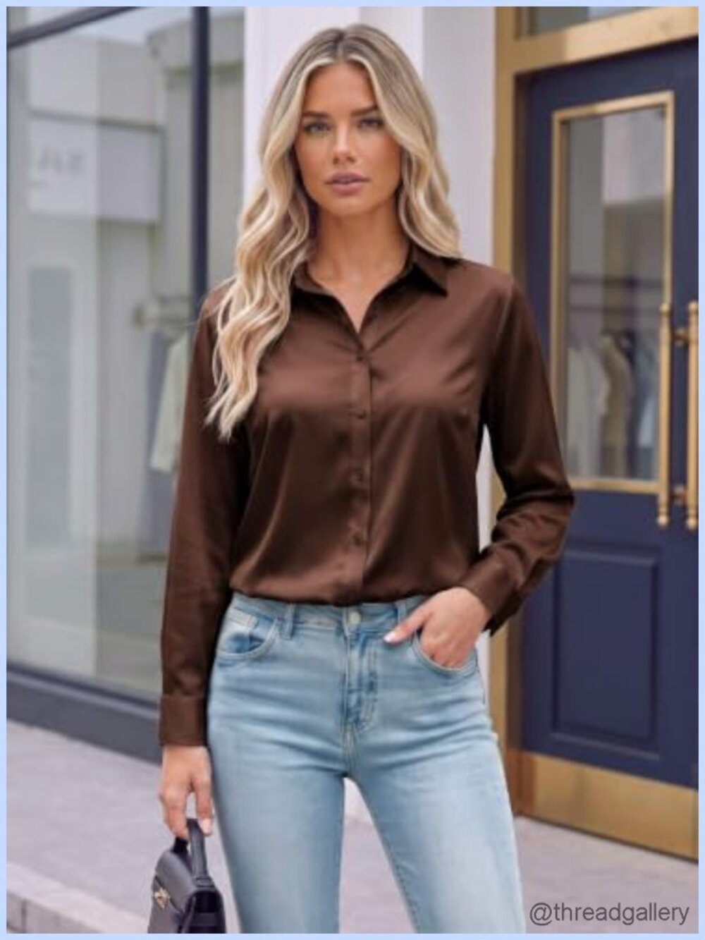 Silky Satin Button Down Collared Blouse Pleated Back Roll-Up Cuff - Picture 4 of 6